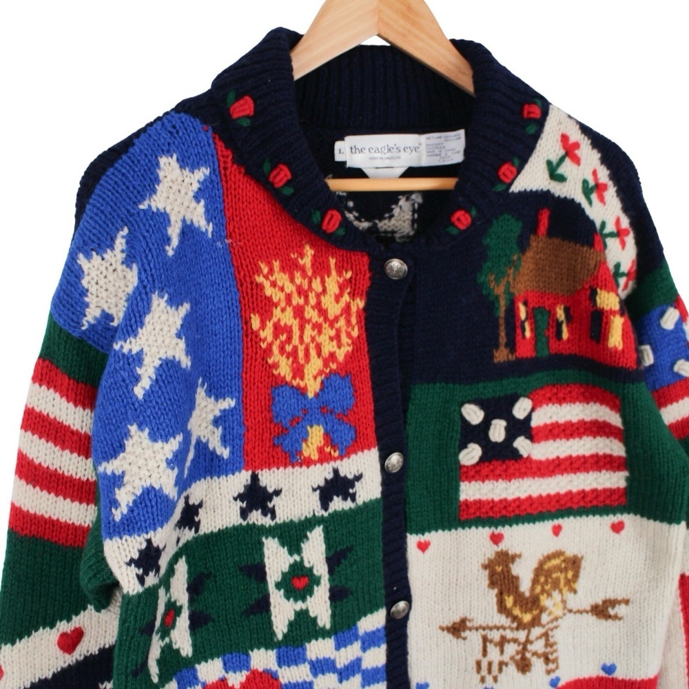 Vintage The Eagle's Eye Wool Americana Patchwork Cardigan Sweater Women's Large - Picture 3 of 5